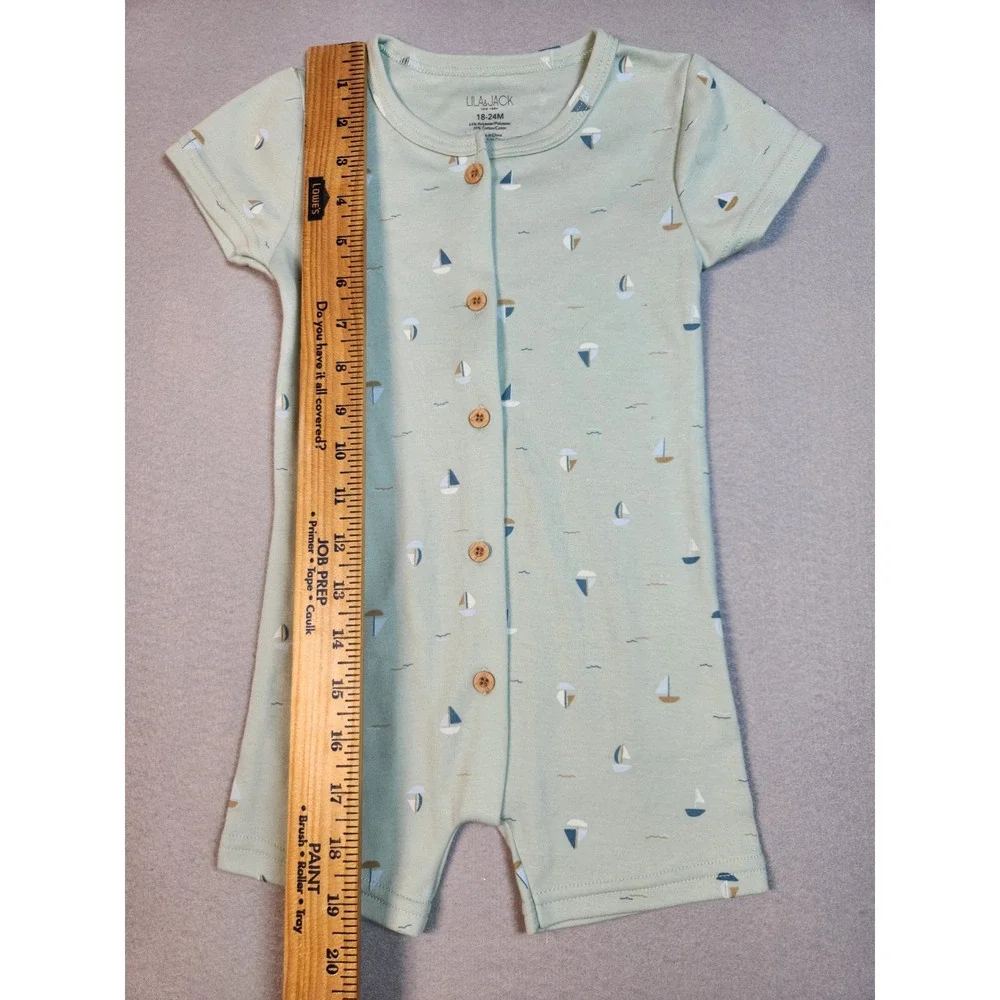 Lila & Jack Sage Green Sailboat Print Romper 18-24M Nautical Button Front